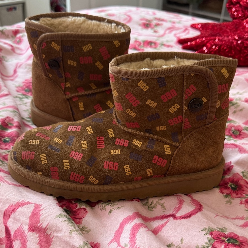 UGG Tan Boots with Colorful Logo Pattern